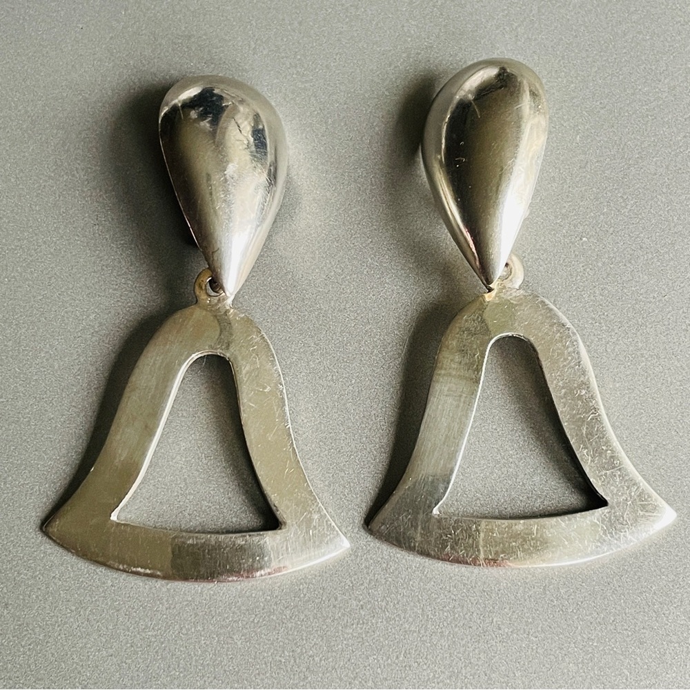 Vintage Mexico Modernist Geometric Bell Dangle Clip On Earrings, Sterlin